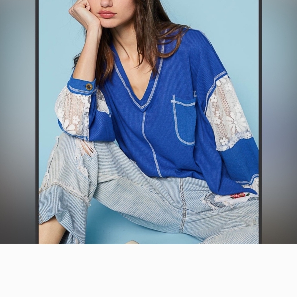 POL Blue Lace Sleeve Top